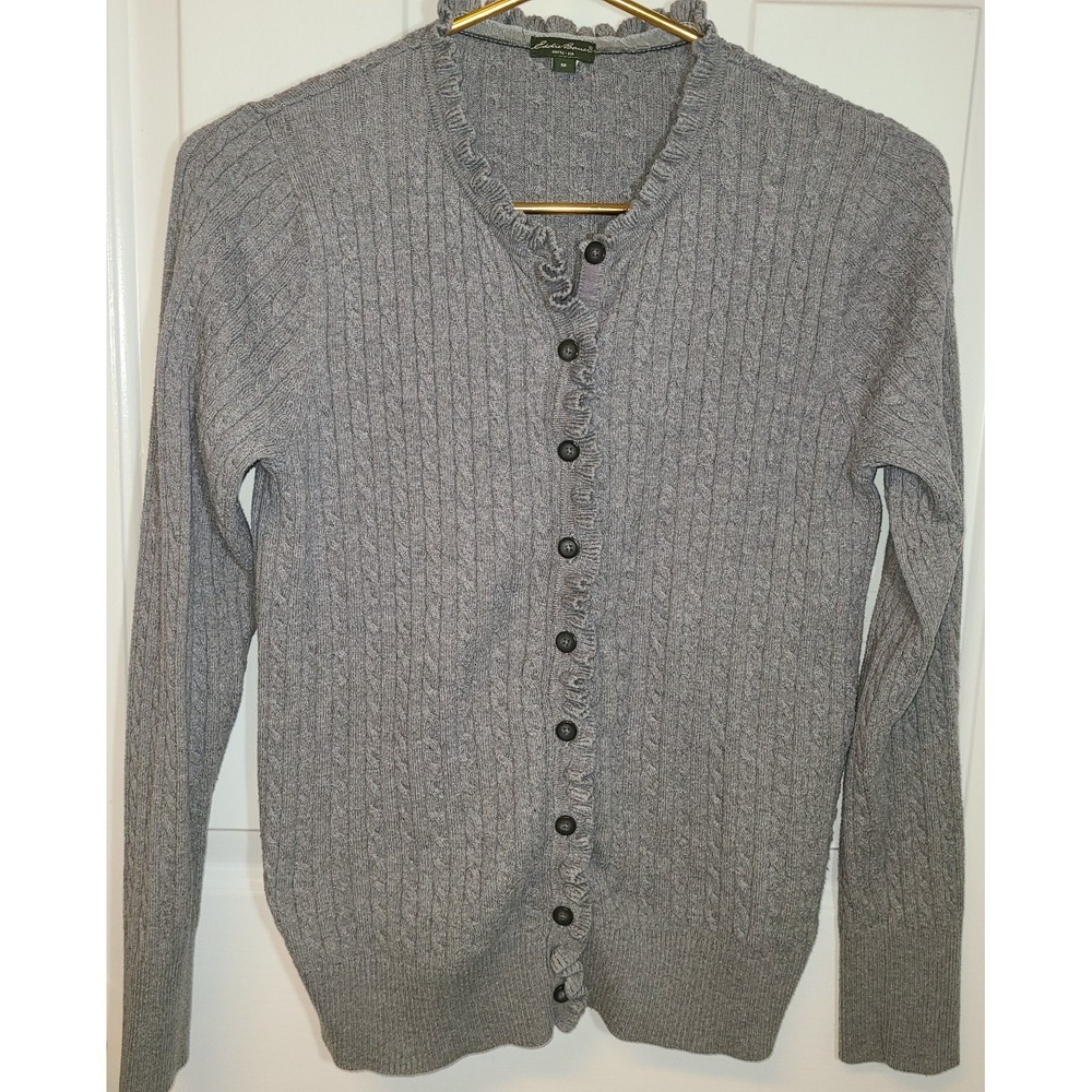 Eddie Bauer Gray Button Front Cable Knit Ruffle Cardigan Womens M Soft Librarian